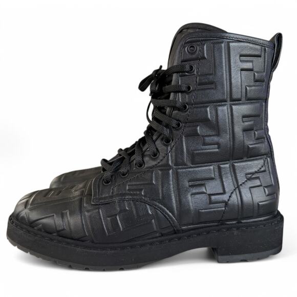Fendi Nappa FF Embossed Womens‎ Biker Boots Black Size 38.5 - Picture 1 of 12